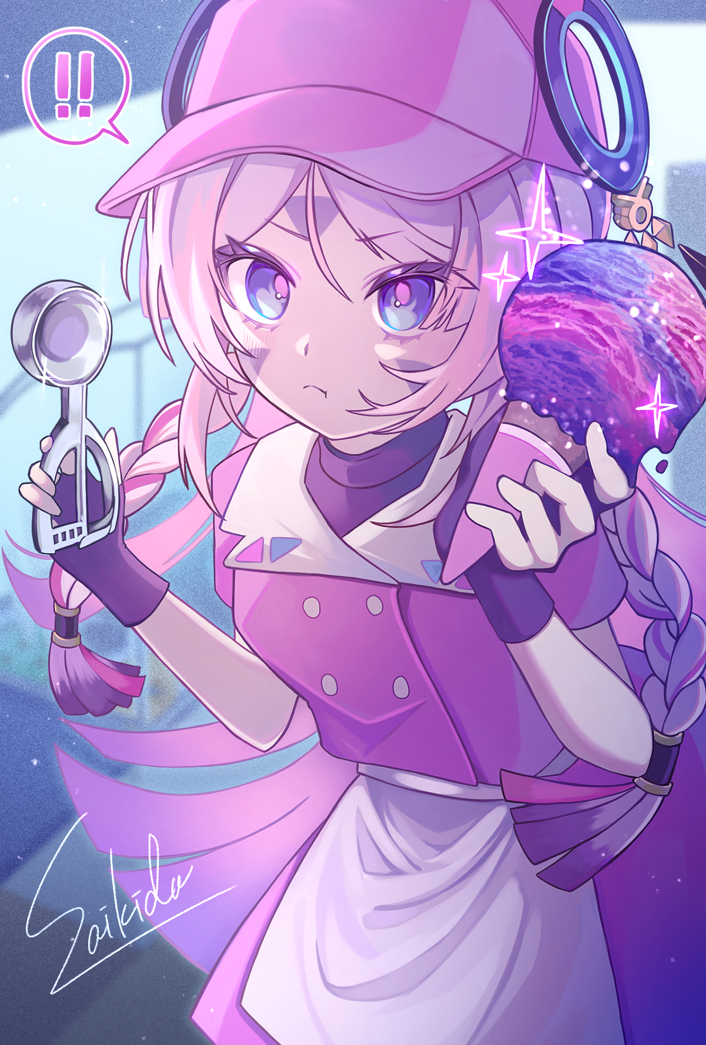citlali (genshin impact), genshin impact, highres, 1girl, alternate costume, black gloves, blue eyes, braid, breasts, closed mouth, facial mark, fingerless gloves, floating headgear, food, forehead mark, gloves, hat, headgear, hitaren illust, holding, holding ice cream cone, ice cream, ice cream cone, long hair, looking at viewer, pink hair, pink hat, pink shirt, ring hair ornament, shirt, solo, triangle, triangle facial mark, twin braids
