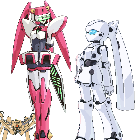 drossel von flugel, fei-yen, gedachtnis, disney, fireball (series), sega, virtual on, lowres, android, bodysuit, crossover, mecha, no humans, oekaki, robot, twintails