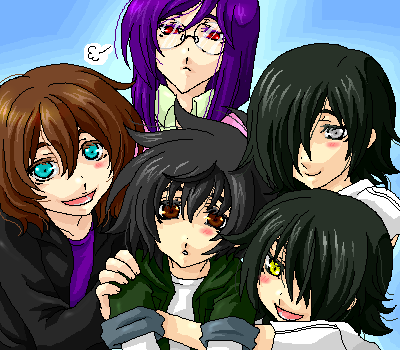 allelujah haptism, hallelujah haptism, lockon stratos, setsuna f. seiei, tieria erde, gundam, gundam 00, lowres, 00s, 5boys, glasses, male focus, multiple boys, oekaki