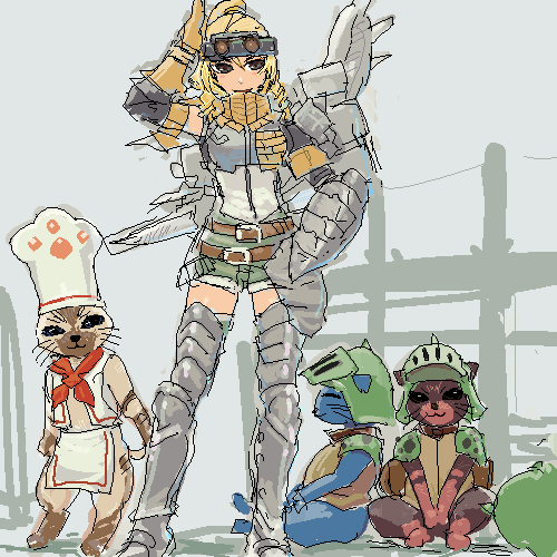 felyne, capcom, monster hunter (series), lowres, armor, cat, goggles, hat, oekaki