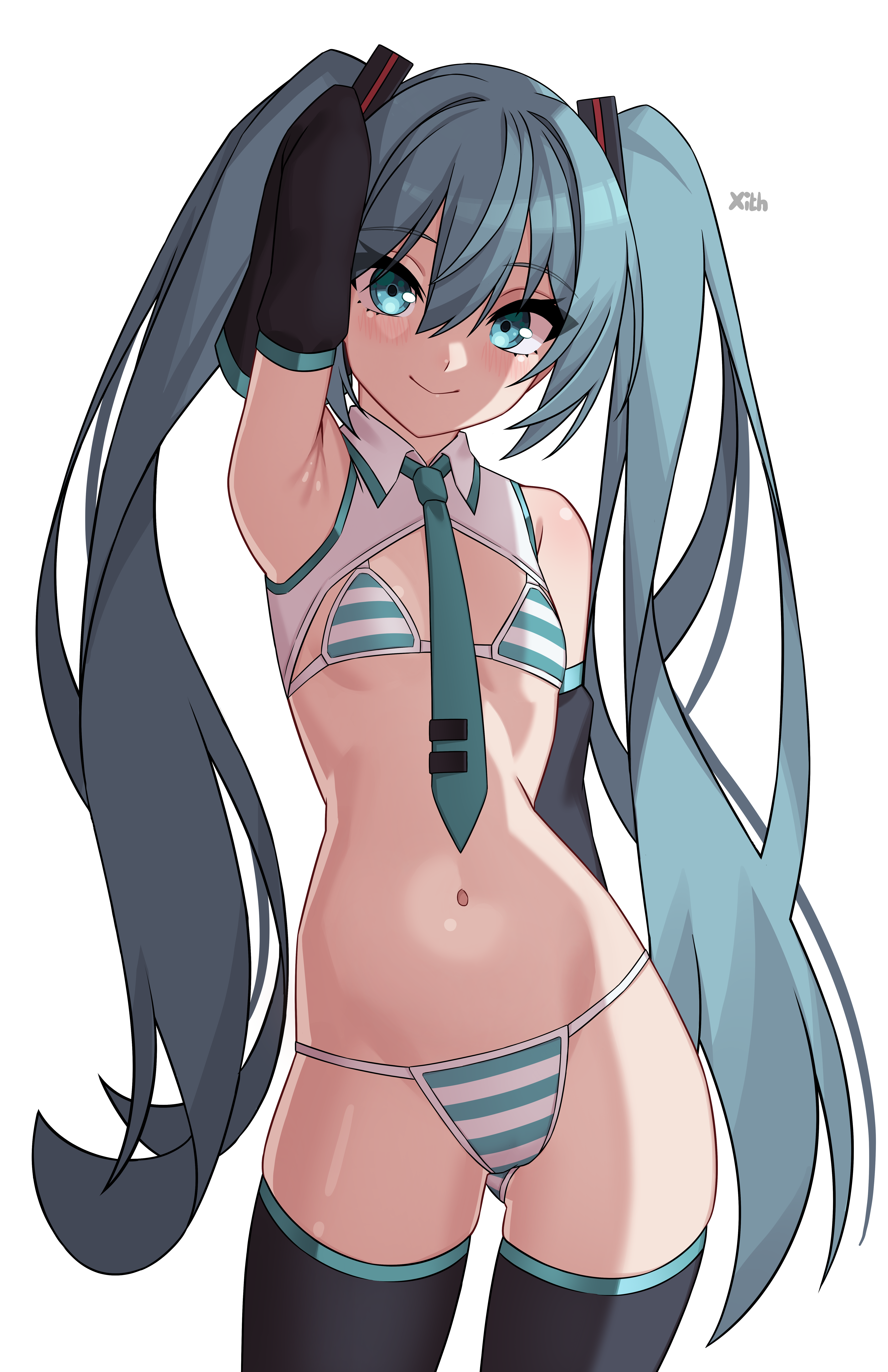 x xith x, hatsune miku, vocaloid, absurdres, commentary, english commentary, highres, 1girl, aqua bikini, aqua eyes, aqua hair, aqua necktie, arm behind head, bikini, black thighhighs, blue eyes, blue hair, blue necktie, breasts, crop top, eyes visible through hair, flat chest, long hair, looking at viewer, miku collar bikini, navel, necktie, petite, simple background, small breasts, smile, solo, striped bikini, striped clothes, swimsuit, thighhighs, twintails, very long hair, white background