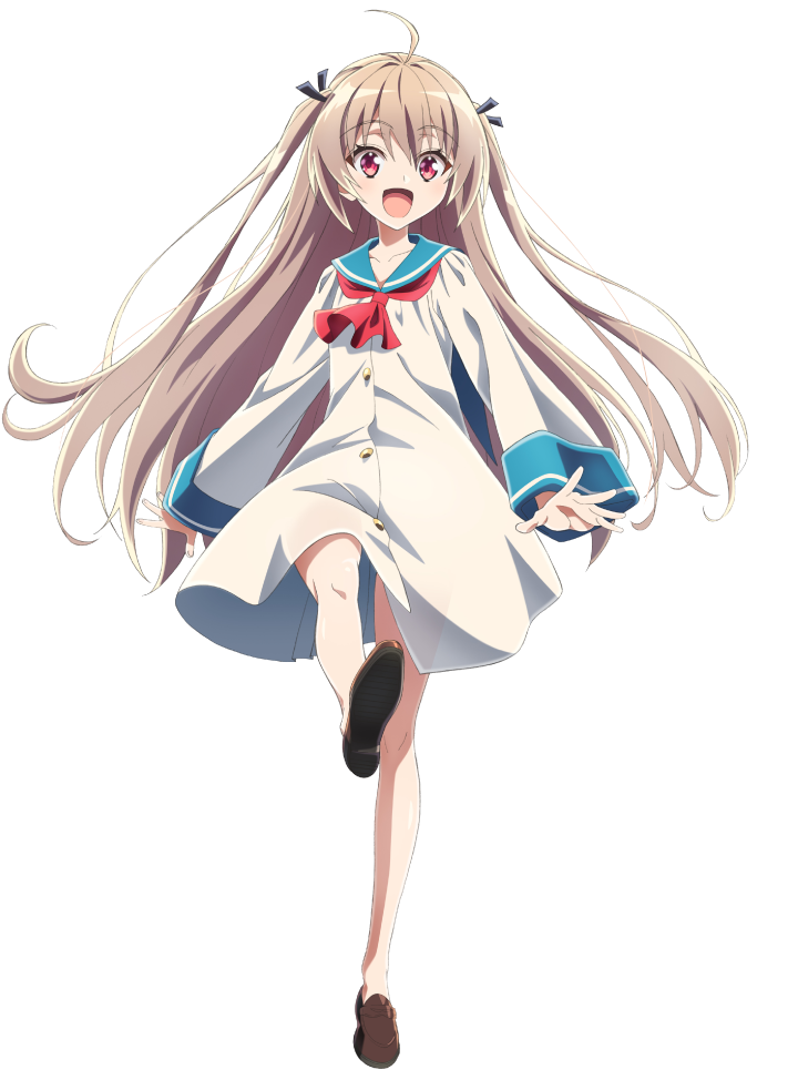 satou michio, atri, atri-my dear moments-, official art, 1girl, :d, ahoge, anime coloring, black ribbon, blue sailor collar, blush, breasts, collarbone, dress, full body, hair between eyes, hair ribbon, leg up, long hair, long sleeves, looking at viewer, neckerchief, open hands, open mouth, palms, red eyes, red neckerchief, ribbon, sailor collar, sailor dress, simple background, small breasts, smile, soles, solo, spread fingers, standing, standing on one leg, tachi-e, transparent background, two side up, very long hair, white dress, wide sleeves