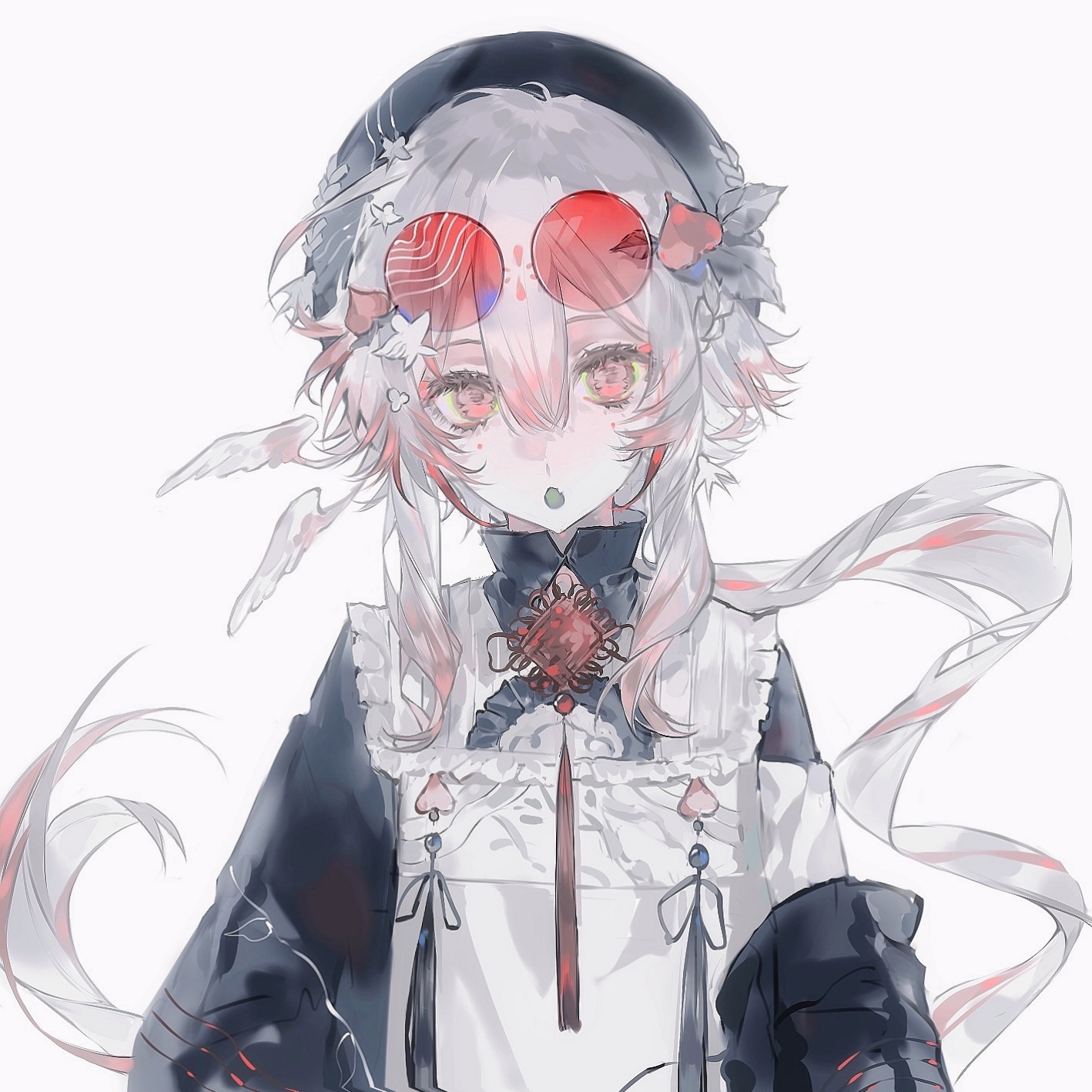 original, highres, 1girl, black dress, black hat, chinese clothes, chinese knot, dress, eyewear on head, frills, grey hair, hair between eyes, hair ornament, hat, head wings, heart, heilanshuimuchu, lolita fashion, long hair, long sleeves, looking at viewer, low ponytail, mole, mole under eye, multicolored hair, open mouth, pink hair, ponytail, qi lolita, red-tinted eyewear, round eyewear, sidelocks, simple background, solo, sunglasses, tassel, tinted eyewear, upper body, very long hair, white background, wings