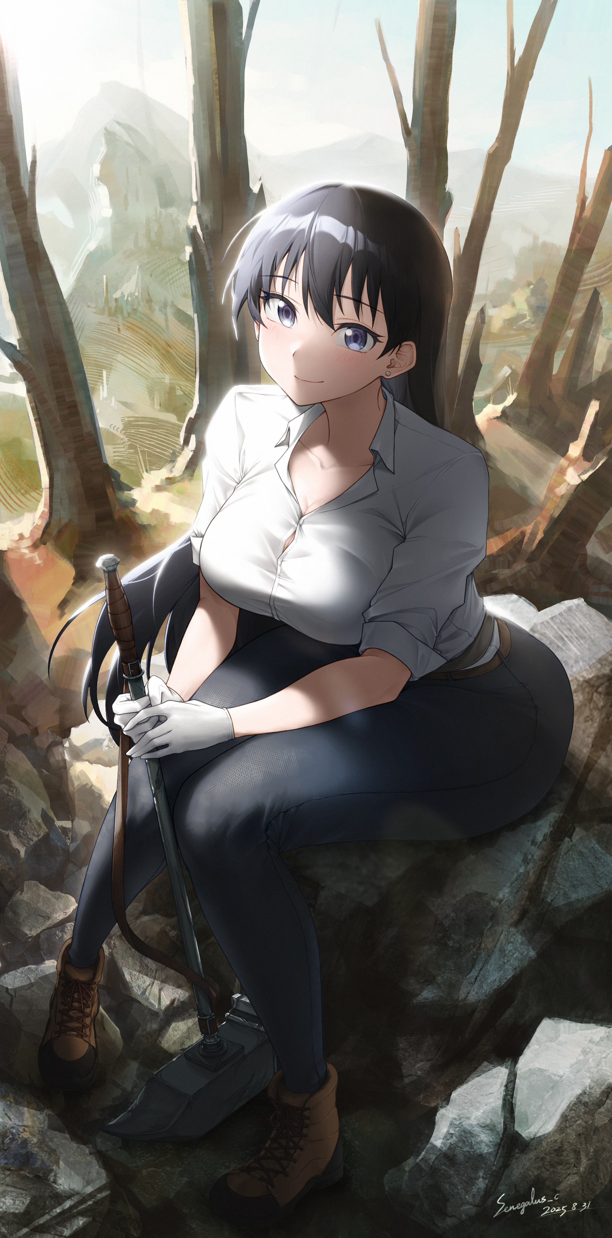senegalus c, arato nagi, ruri no houseki, skinny jeans, absurdres, commentary request, highres, 1girl, ankle boots, artist name, ass, belt, black hair, blue eyes, blue pants, boots, breasts, brown belt, brown boots, bursting breasts, button gap, character name, cleavage, closed mouth, collarbone, collared shirt, dated, denim, earrings, elbow sleeve, eyelashes, forest, full body, hair between eyes, hammer, holding, holding hammer, jeans, jewelry, large breasts, light blush, long hair, looking at viewer, nature, on rock, pants, shirt, signature, sitting, sledgehammer, smile, solo, swept bangs, thighs, white shirt, work boots