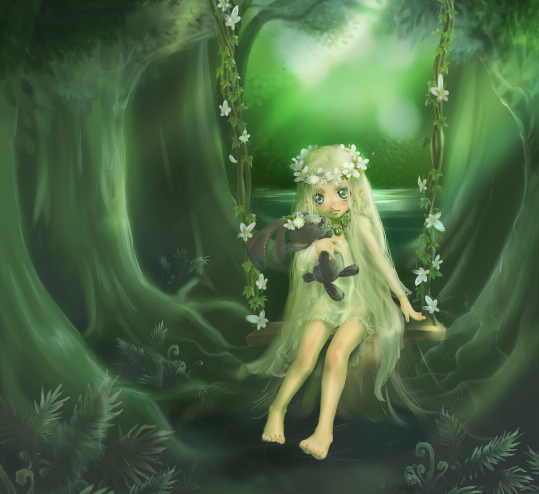 mogeta (jirotama88), original, bad id, bad pixiv id, 1girl, barefoot, blonde hair, blue eyes, blush, elf, female focus, flower, forest, head wreath, jewelry, long hair, looking at viewer, nature, necklace, nightgown, on swing, pointy ears, rabbit, sitting, smile, solo, stuffed animal, stuffed toy, swing