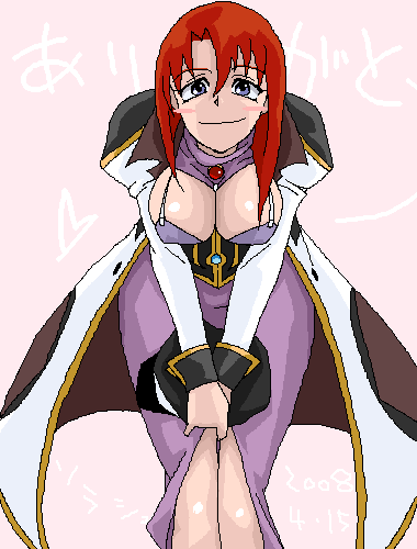 forte stollen, broccoli (company), galaxy angel, lowres, translated, 00s, 1girl, 2008, blue eyes, blush, blush stickers, bowing, breasts, cleavage, cleavage cutout, clothing cutout, dated, female focus, heart, japanese text, large breasts, leaning forward, looking at viewer, oekaki, purple eyes, red hair, short hair, simple background, solo