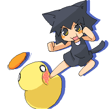 lowres, animal ears, bird, cat ears, duck, kicking, oekaki, solo