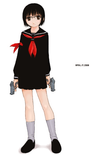 ishida masatsuki, lowres, 1girl, black serafuku, dual wielding, female focus, glasses, gun, handgun, hands on own hips, holding, oekaki, pistol, school uniform, serafuku, solo, weapon