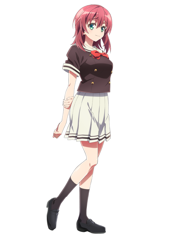 satou michio, kamishiro minamo, atri-my dear moments-, official art, 1girl, anime coloring, arm behind back, black shoes, blush, bow, bowtie, breasts, brown serafuku, brown socks, closed mouth, from side, full body, green eyes, hair between eyes, holding own arm, large breasts, loafers, looking at viewer, medium hair, pleated skirt, red bow, red bowtie, red hair, sailor collar, school uniform, serafuku, shirt, shoes, short sleeves, simple background, skirt, smile, socks, solo, standing, tachi-e, tented shirt, transparent background, white sailor collar, white skirt