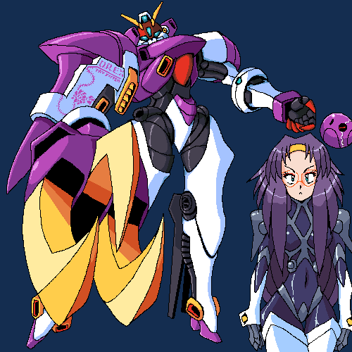 lowres, tagme, 1girl, glasses, mecha, oekaki, purple hair, robot