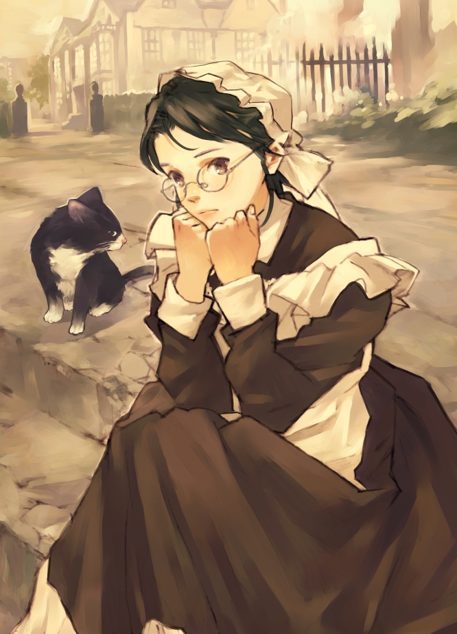 moulton, original, bad id, bad pixiv id, 1girl, cat, female focus, glasses, head rest, lips, maid, sitting, solo