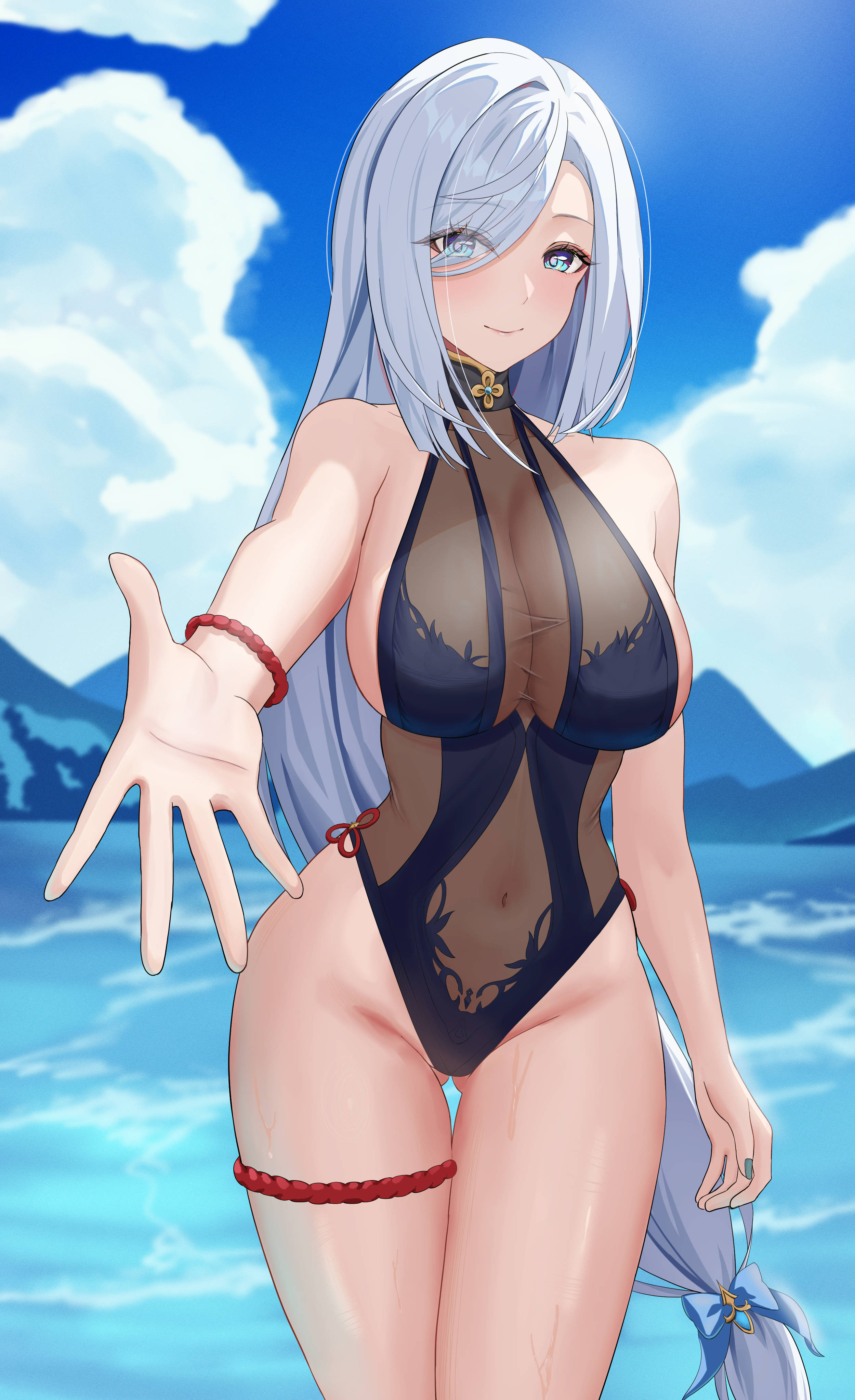 ituka kanau, shenhe (genshin impact), genshin impact, absurdres, commentary request, highres, 1girl, alternate costume, bare shoulders, black one-piece swimsuit, blue bow, blue eyes, blue sky, bow, breasts, casual one-piece swimsuit, closed mouth, covered navel, day, eyes visible through hair, fingernails, gluteal fold, grey hair, groin, hair bow, hair over one eye, large breasts, long hair, looking at viewer, low-tied long hair, offering hand, one-piece swimsuit, outdoors, rope around thigh, sky, smile, solo, swimsuit, thigh gap, thighs, very long hair
