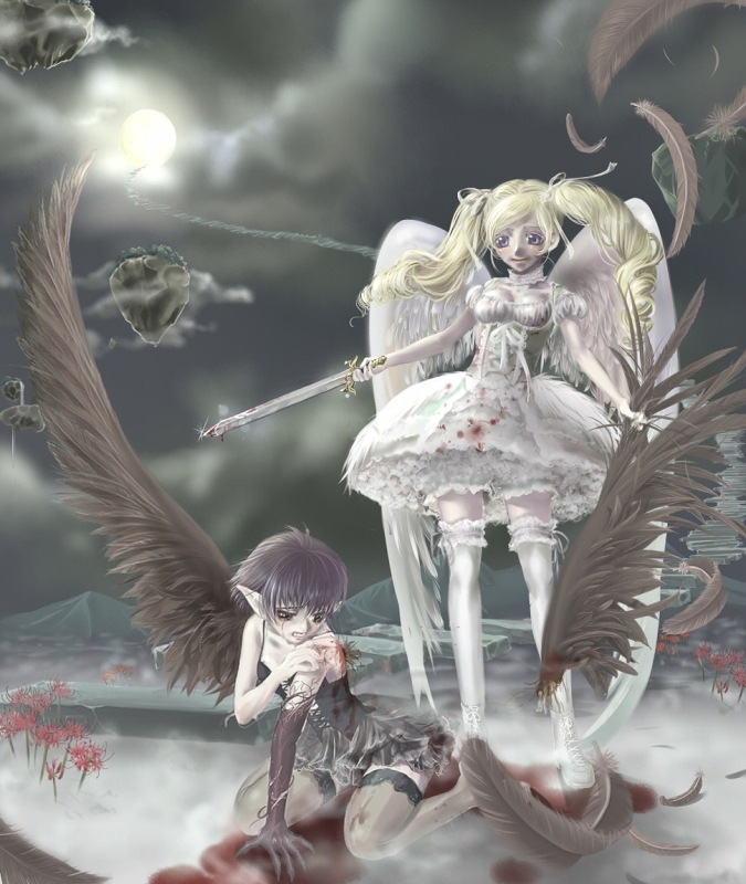 mogeta (jirotama88), original, bad id, bad pixiv id, angel, angel wings, blonde hair, blood, flower, hair ribbon, moon, pointy ears, ribbon, sword, thighhighs, twintails, weapon, wings