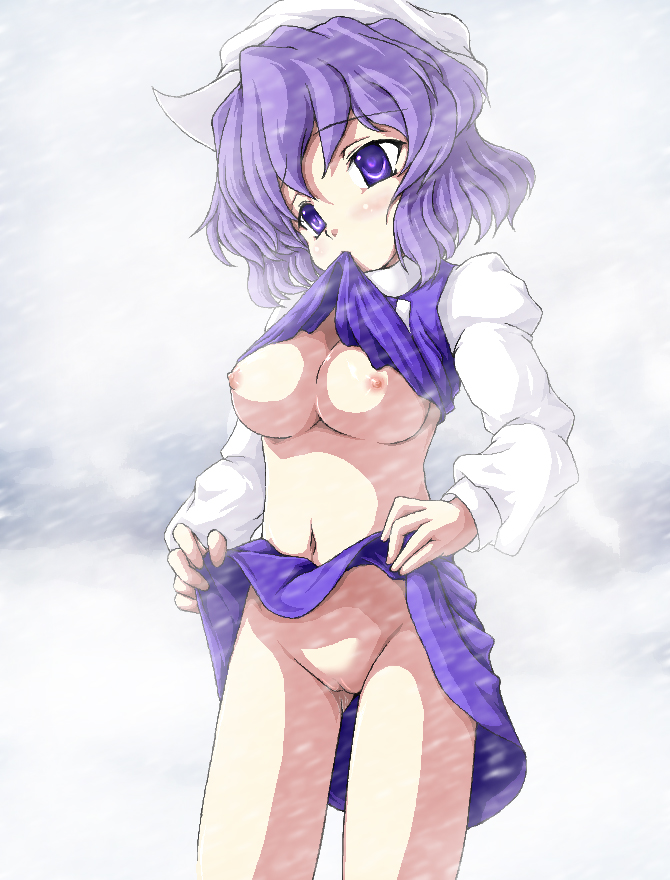 mikagura osamu, letty whiterock, touhou, 1girl, breasts, clothes lift, female focus, grabbing another's breast, gradient background, groping, mouth hold, nipples, no bra, no panties, outdoors, purple eyes, purple hair, pussy, shirt lift, skirt, skirt lift, sky, snow, solo, uncensored, white background
