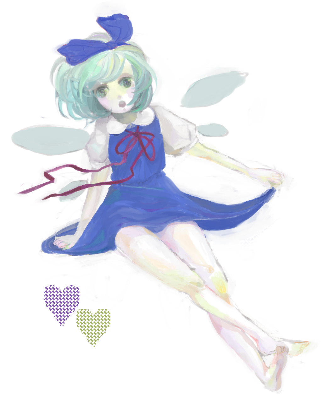 cirno, embodiment of scarlet devil, touhou, bad id, bad pixiv id, highres, 1girl, dress, female focus, full body, head tilt, heart, short hair, solo, white background, wings