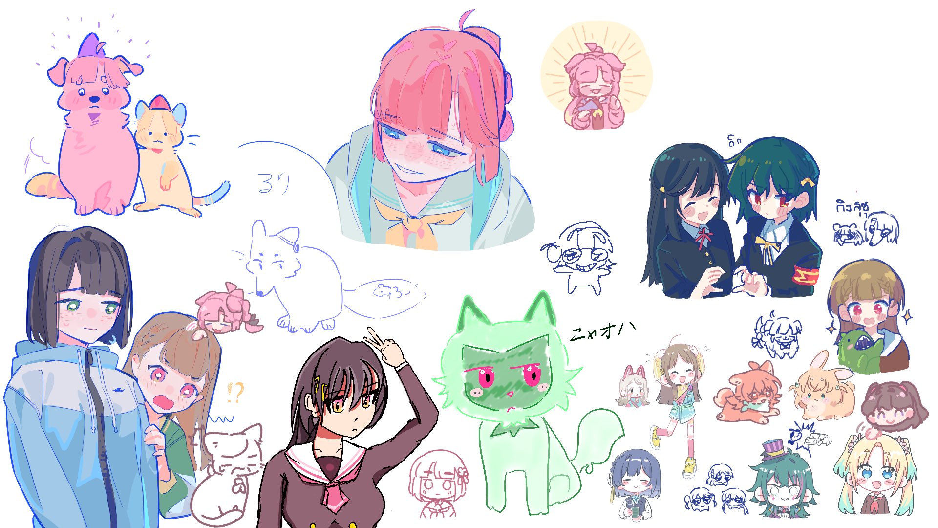 iirin, pipi (m1x mix), anyoji hime, fujishima megumi, hataya misuzu, hinoshita kaho, kachimachi kosuzu, kachimachi kosuzu (winter training wear), katsuragi izumi, komiya kaho, kuramoto china, mifune shioriko, momose ginko, momose ginko (winter training wear), osawa rurino, shinosawa hiro, sprigatito, tsukimura temari, yuki setsuna, gakuen idolmaster, idolmaster, idolmaster shiny colors, link! like! love live!, love live!, love live! nijigasaki high school idol club, nintendo, pokemon, artist collaboration, artist request, commentary request, highres, . ., 6+girls, :3, :d, ^ ^, ahoge, animalization, antenna hair, armband, arms up, black hair, black jacket, blonde hair, blue hair, blue jacket, blunt bangs, blunt ends, blush, bob cut, borzoi, braid, brown dress, brown hair, cat, center-flap bangs, chibi, chibi inset, closed eyes, closed mouth, collared shirt, cup, dog, dress, dress shirt, fang, flower, fox, gradient hair, green eyes, grey hair, hair flower, hair ornament, hair ribbon, hasu no sora school uniform, hat, heart, heart hands, heart hands duo, holding, holding cup, hood, hooded jacket, jacket, long hair, long sleeves, miracle na now! (idolmaster), multicolored hair, multiple girls, multiple views, name connection, neck ribbon, neckerchief, nijigasaki school uniform, nose blush, o arms, one side up, open clothes, open jacket, open mouth, orange eyes, parted lips, party hat, peanut mouth, pink eyes, pink flower, pink jacket, pokemon (creature), purple hat, rabbit, red armband, red ribbon, ribbon, sailor collar, sailor dress, school uniform, shirt, short hair, side braids, simple background, smile, sparkle, summer uniform, suspenders, thai commentary, triangle hair ornament, twintails, v-shaped eyebrows, virtual youtuber, white background, white dress, white jacket, white sailor collar, white shirt, winter uniform, yellow neckerchief, yellow ribbon, yunomi