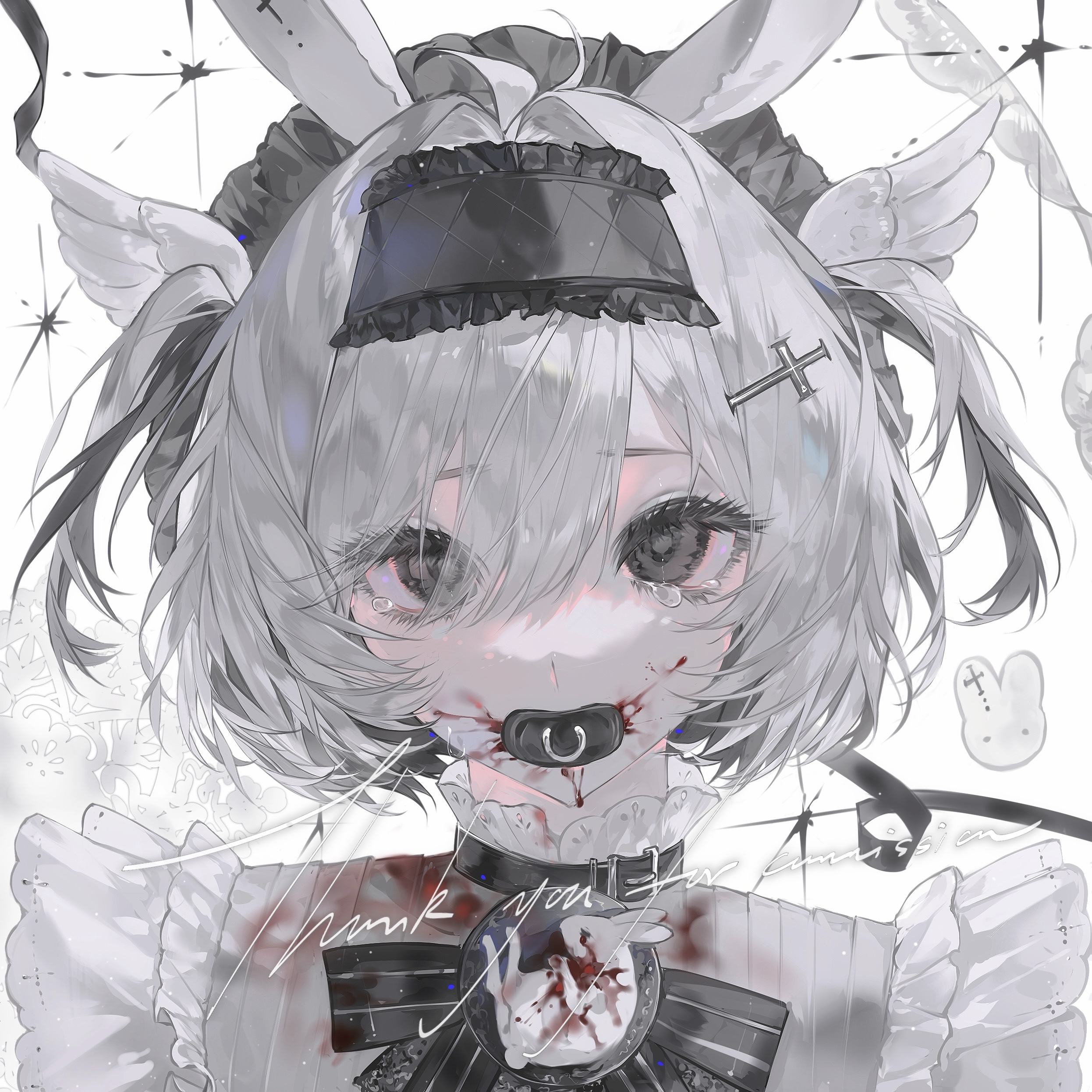 original, absurdres, highres, 1girl, ahoge, animal ears, black bow, black choker, black ribbon, blood, blood on clothes, blood on face, bow, bowtie, choker, collar, cross, cross hair ornament, crying, crying with eyes open, frills, grey hair, hair between eyes, hair intakes, hair ornament, hairband, heilanshuimuchu, holding pacifier, looking at viewer, maid headdress, pacifier, rabbit, rabbit ears, ribbon, short hair, signature, simple background, solo, striped bow, tears, two side up, upper body, white background
