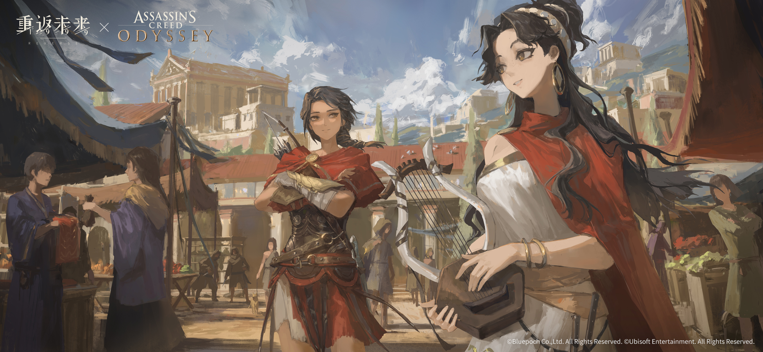 assassin's creed: odyssey, assassin's creed (series), parthenon, reverse:1999, highres, official art, official wallpaper, 2girls, 6+others, ancient greek clothes, architecture, armor, arrow (projectile), bard (reverse:1999), black hair, blue sky, bow (weapon), bracelet, brown eyes, brown hair, cape, closed mouth, cloud, cloudy sky, copyright name, copyright notice, day, earrings, greco-roman architecture, greco-roman clothes, greece, greek armor, grin, holding, holding instrument, holding lyre, holding own arm, instrument, jewelry, kassandra of sparta, logo, long hair, looking at another, looking to the side, lyre, multiple girls, multiple others, outdoors, people, red cape, single bare shoulder, sky, smile, toga, upper body, weapon, weapon on back