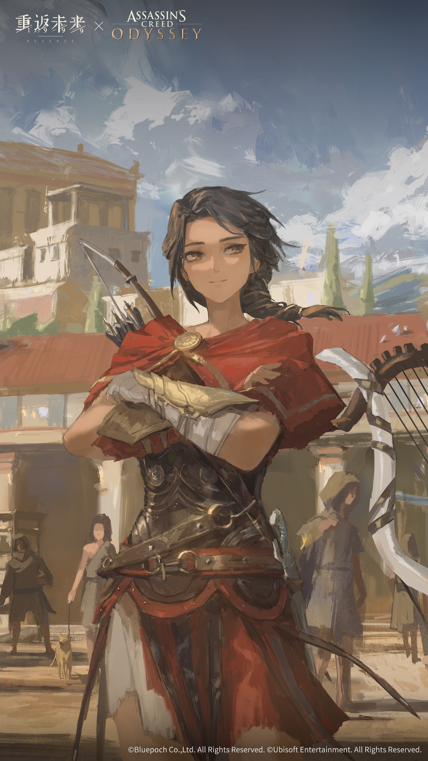 assassin's creed: odyssey, assassin's creed (series), parthenon, reverse:1999, absurdres, highres, official art, official wallpaper, architecture, armor, arrow (projectile), blue sky, bow (weapon), brown eyes, brown hair, cape, closed mouth, cloud, cloudy sky, copyright name, copyright notice, day, greco-roman architecture, greece, greek armor, holding own arm, kassandra of sparta, logo, outdoors, people, red cape, sky, smile, upper body, weapon, weapon on back