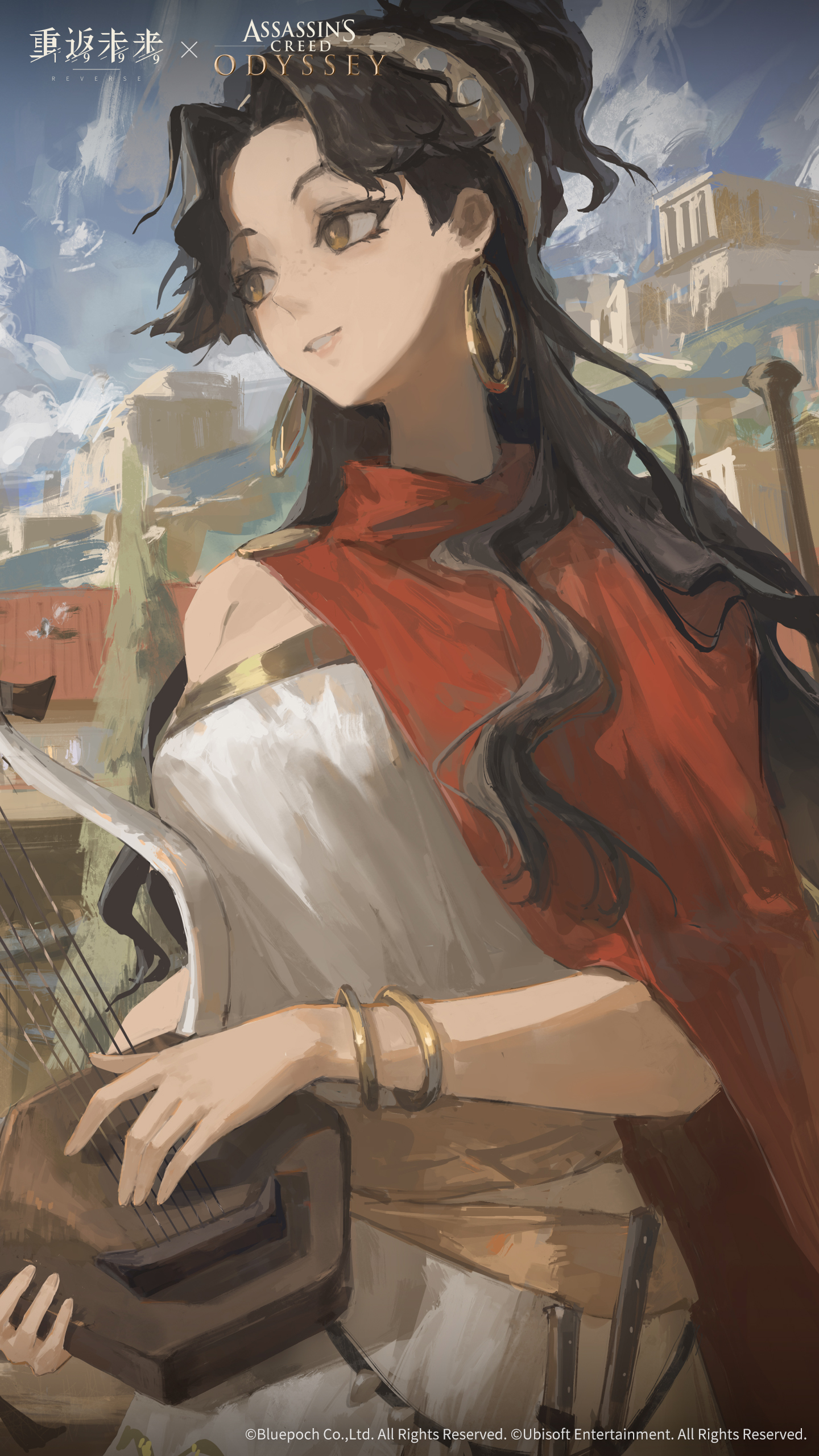 assassin's creed: odyssey, assassin's creed (series), reverse:1999, absurdres, highres, official art, official wallpaper, ancient greek clothes, architecture, bard (reverse:1999), black hair, blue sky, bracelet, brown eyes, cape, cloud, cloudy sky, copyright name, copyright notice, day, earrings, greco-roman architecture, greco-roman clothes, grin, holding, holding instrument, holding lyre, instrument, jewelry, logo, long hair, looking to the side, lyre, outdoors, people, red cape, single bare shoulder, sky, smile, toga, upper body