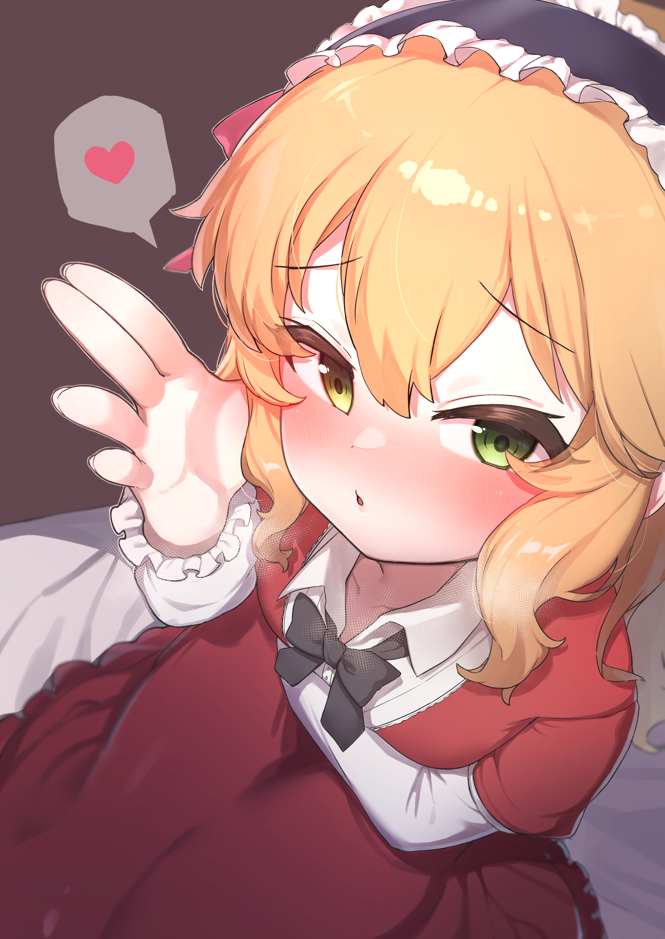 deko isu, sakurai momoka, idolmaster, idolmaster cinderella girls, absurdres, commentary request, highres, 1girl, :o, arm under breasts, bed sheet, black bow, black bowtie, blonde hair, blush, bow, bowtie, breasts, breath, collarbone, dress, fingernails, frilled hairband, frilled sleeves, frills, green eyes, hairband, hand up, heart, long hair, looking at viewer, medium hair, nose blush, open collar, red dress, small breasts, solo, spoken heart