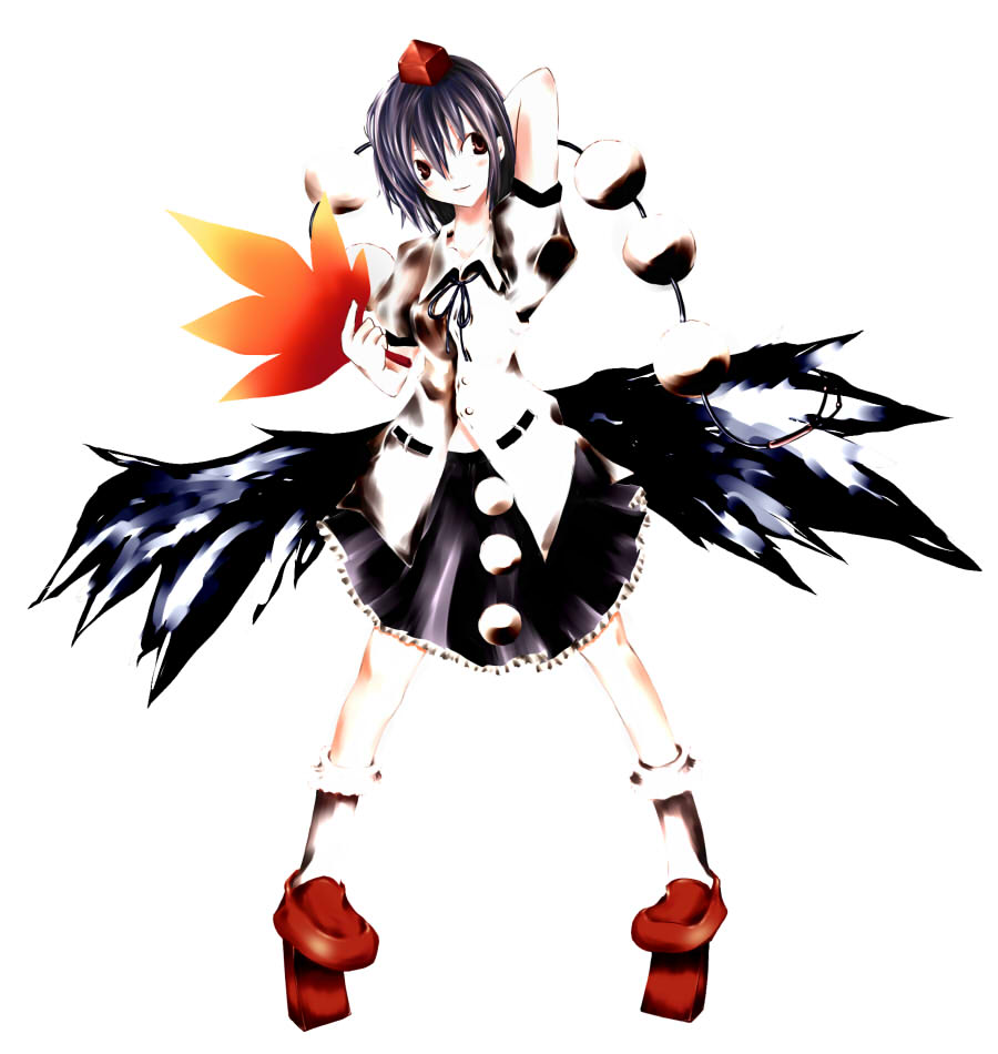kereno, shameimaru aya, touhou, looking away, bad id, bad pixiv id, 1girl, black hair, black wings, blush, female focus, geta, smile, solo, tengu-geta, wings