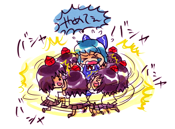 minute222i, cirno, shameimaru aya, touhou, bad id, bad pixiv id, 2girls, chibi, female focus, multiple girls