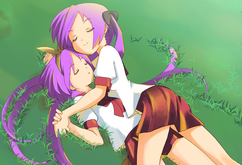 sora to umi, hiiragi kagami, hiiragi tsukasa, lucky star, 00s, closed eyes, grass, holding hands, long hair, purple hair, school uniform, serafuku, siblings, sisters, sleeping, twins, twintails, very long hair, yuri