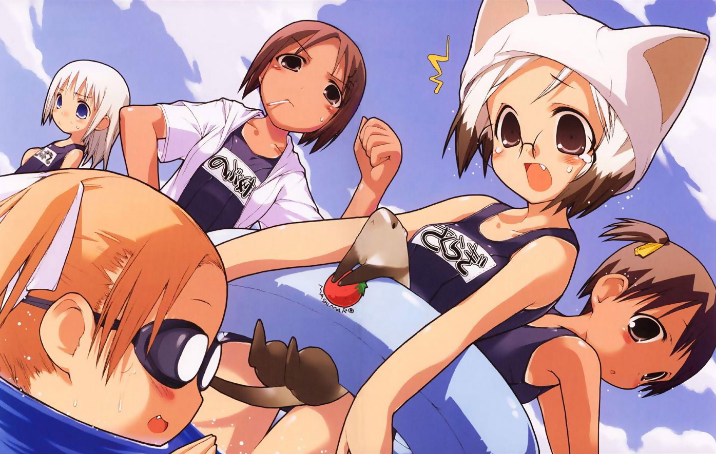 kotamaru (pajama soft), ana coppola, itou chika, itou nobue, john, matsuoka miu, sakuragi matsuri, ichigo mashimaro, 5girls, child, innertube, multiple girls, name tag, one-piece swimsuit, school swimsuit, siblings, sisters, swim ring, swimsuit
