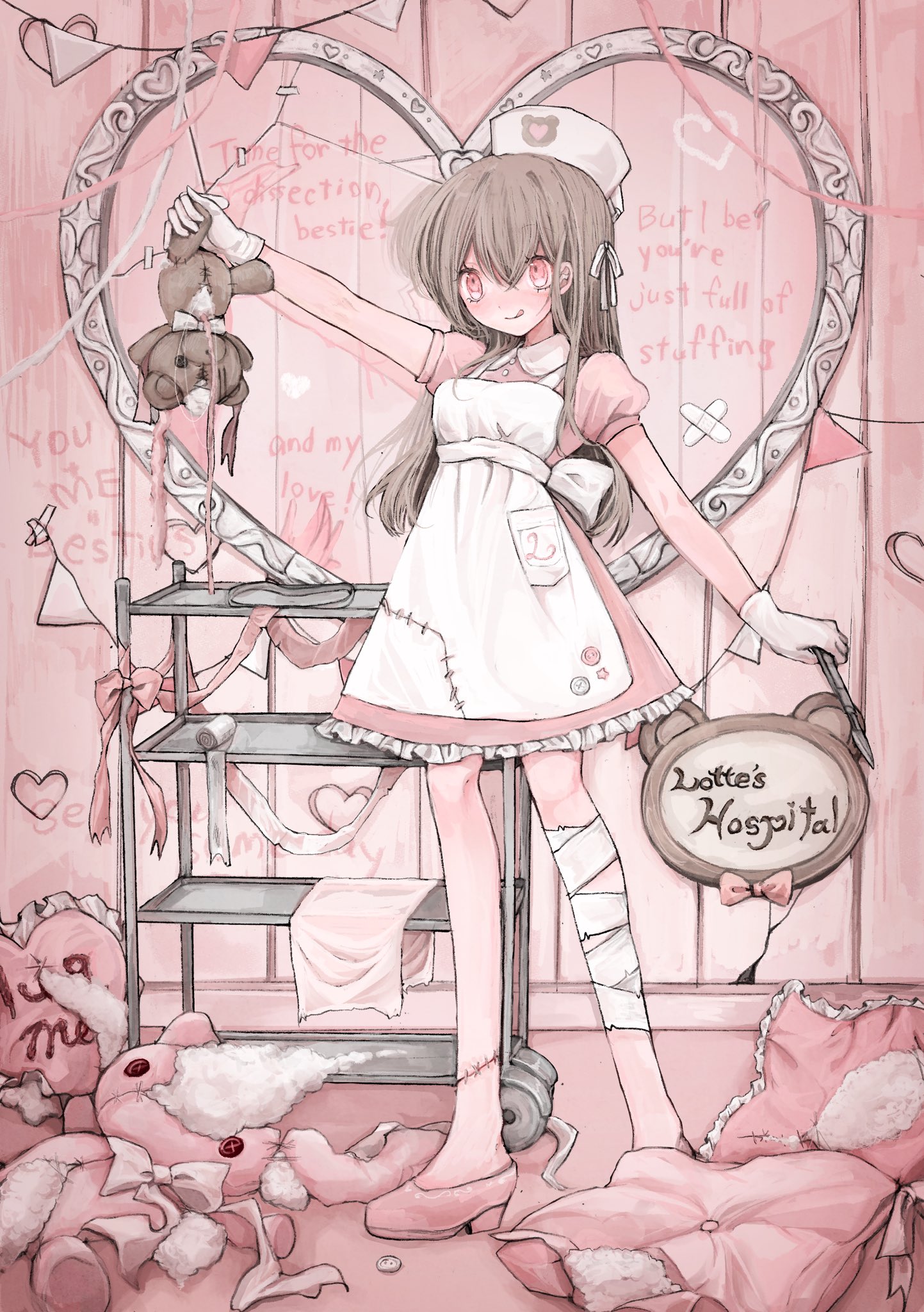 yumeko (devilxkid), original, pink pillow, highres, 1girl, :p, apron, back bow, bandaged leg, bandages, blush, bow, brown hair, buttons, collared dress, crack, cracked wall, dress, frilled dress, frilled pillow, frills, full body, gloves, hair between eyes, hair intakes, hair ribbon, hat, heart, heart-shaped pillow, holding, holding scalpel, holding stuffed toy, long hair, looking at object, low block heels, nurse, nurse cap, pillow, pink dress, pink eyes, pink ribbon, pink shoes, pink theme, print hat, puffy short sleeves, puffy sleeves, ribbon, shoes, short sleeves, solo, standing, stitched leg, stitches, string of flags, stuffed toy, stuffing, tongue, tongue out, torn apron, torn clothes, torn pillow, white apron, white gloves, white hat, white ribbon, writing on wall