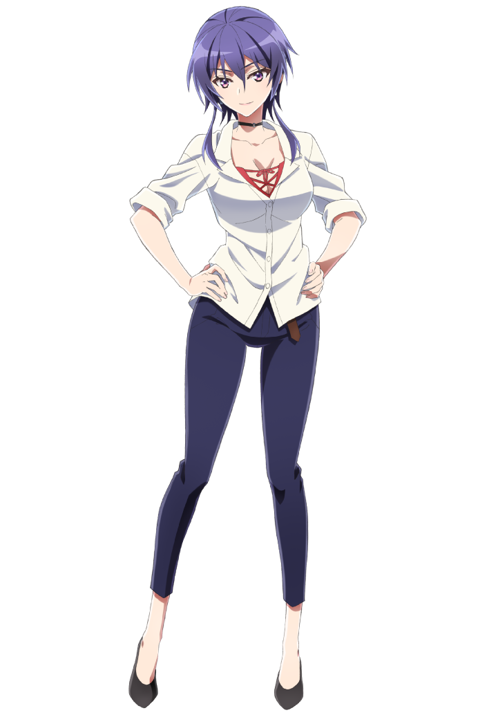 satou michio, atri-my dear moments-, official art, 1girl, anime coloring, belt, black choker, black shoes, blue hair, blue pants, breasts, brown belt, catherine (atri-my dear moments-), choker, cleavage, collarbone, collared shirt, full body, hair between eyes, hands on own hips, high heels, large breasts, lips, long hair, long sleeves, looking at viewer, low twintails, pants, purple eyes, shirt, shoes, simple background, sleeves rolled up, smile, solo, standing, tachi-e, tented shirt, transparent background, tsurime, twintails, untucked shirt, white shirt