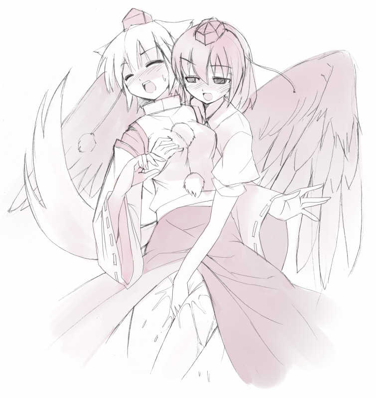 seo tatsuya, inubashiri momiji, shameimaru aya, touhou, 2girls, animal ears, blush, closed eyes, dog ears, dog tail, female focus, fingering, from behind, groping, hat, moaning, monochrome, multiple girls, naughty face, open mouth, pom pom (clothes), pussy juice, short hair, tail, tokin hat, wings, wolf ears, wolf tail, yuri
