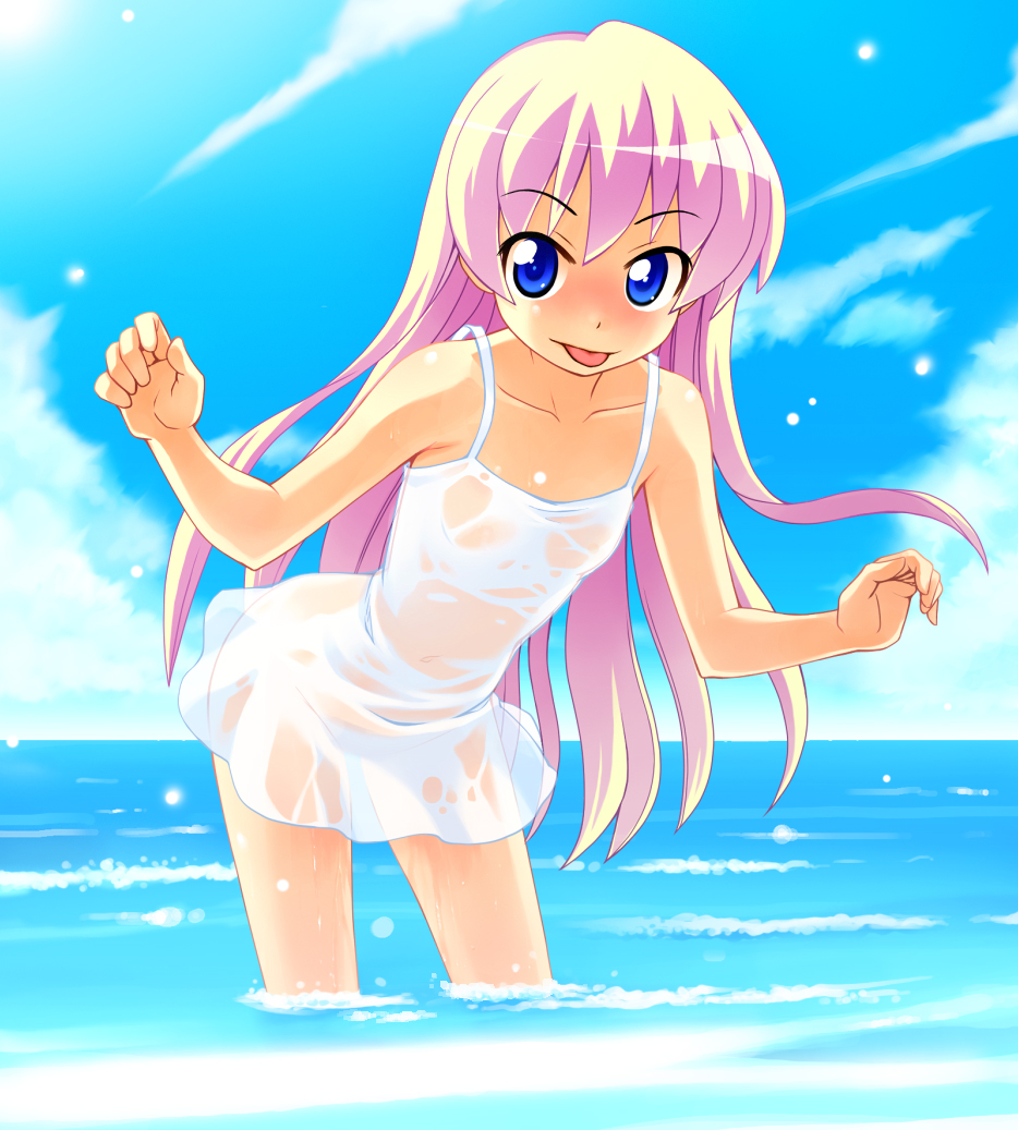 nanakorobi, rebecca miyamoto, pani poni dash!, 00s, 1girl, :p, blonde hair, blue eyes, blush, cloud, day, dress, female focus, foreshortening, leaning forward, loli, long hair, looking at viewer, naughty face, navel, no bra, no panties, ocean, outdoors, outstretched arms, see-through clothes, short dress, sky, solo, spread arms, sun, sundress, tongue, tongue out, very long hair, wading, water, wet, wet clothes