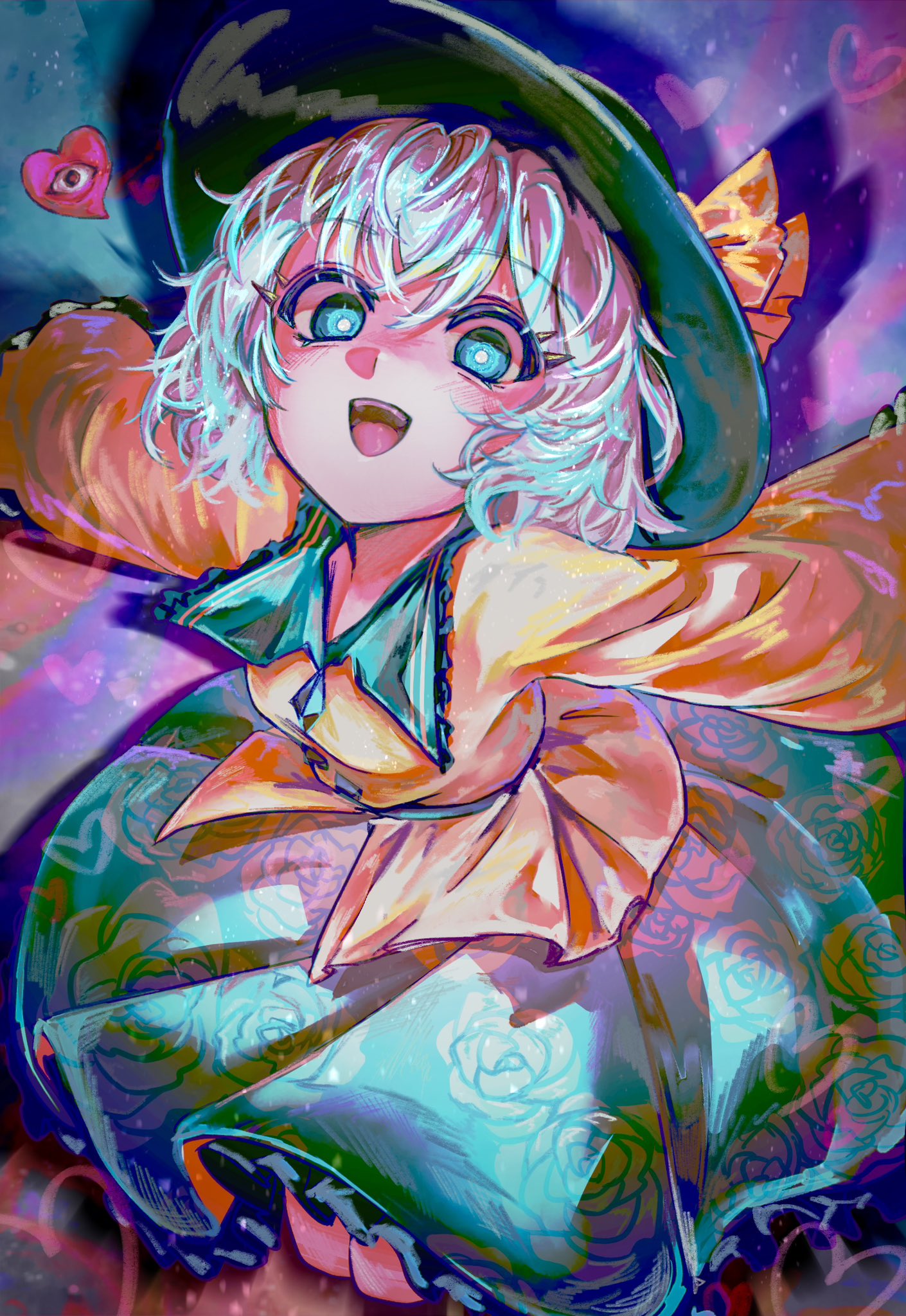 jikokenjiyoku 1, komeiji koishi, touhou, highres, 1girl, abstract background, aqua skirt, belt, black hat, blue belt, blue eyes, blue hair, blush, breasts, buttons, collared shirt, diamond button, floral print, frills, grey hair, hair between eyes, hands up, hat, hat ribbon, heart, long sleeves, looking at viewer, medium breasts, multicolored hair, open mouth, ribbon, rose print, shadow, shirt, short hair, skirt, smile, solo, teeth, tongue, two-tone hair, wide sleeves, yellow ribbon, yellow shirt