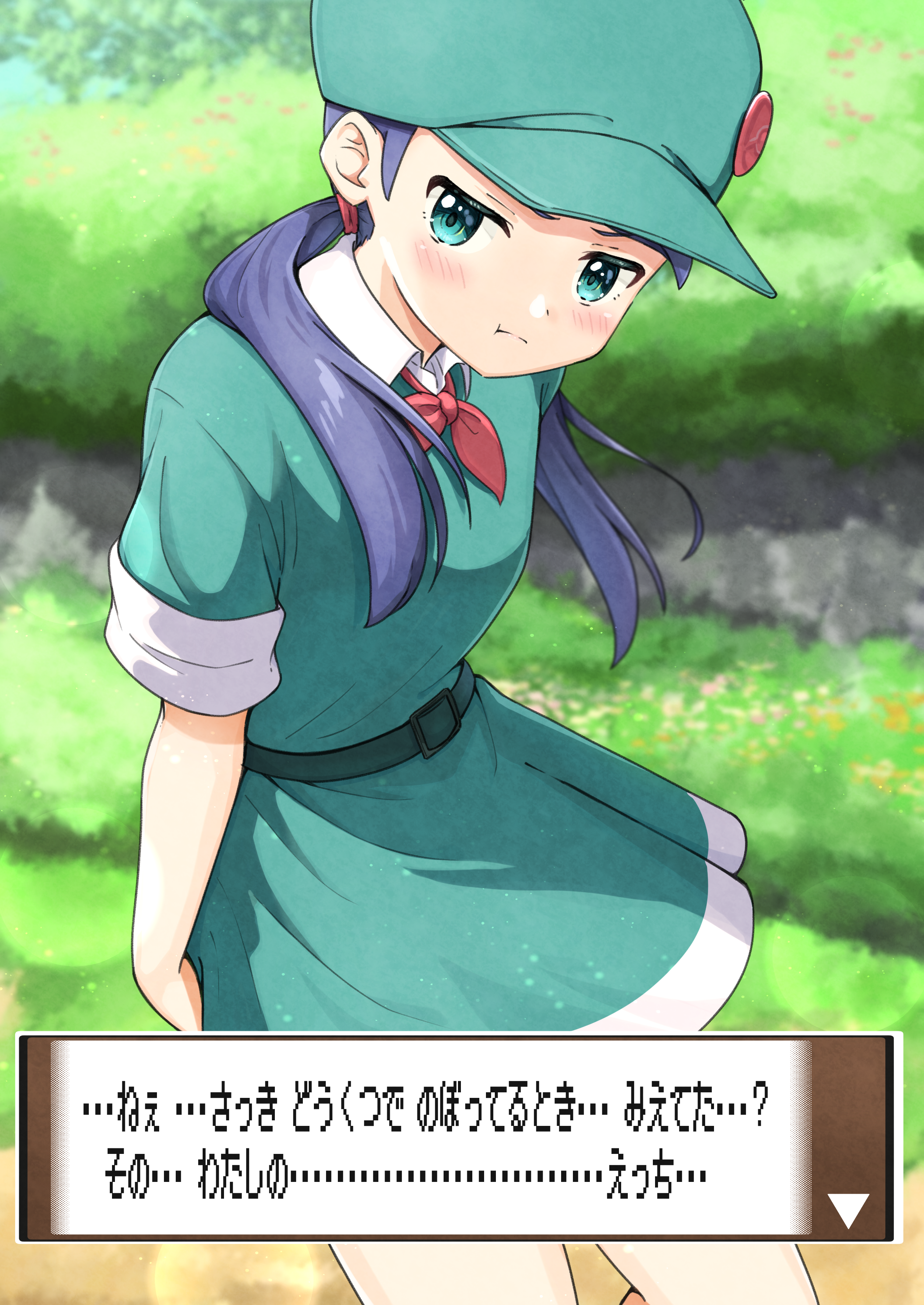 negimiso1989, picnicker (pokemon), nintendo, pokemon, pokemon dppt, absurdres, commission, highres, pixiv commission, translated, 1girl, aqua dress, aqua eyes, aqua hat, blue hair, day, dress, hat, light blush, long hair, looking at viewer, low twintails, newsboy cap, outdoors, pout, short dress, skirt, skirt tug, solo, twintails