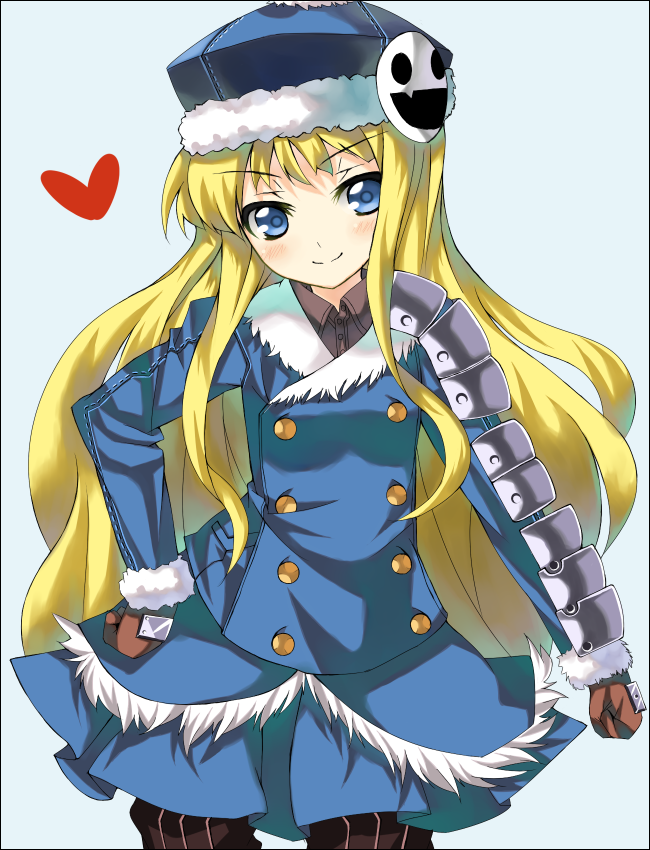 shingetsu takehito, gunner (sekaiju), gunner 2 (sekaiju), jack frost (megami tensei), atlus, etrian odyssey, 1girl, armor, blonde hair, blue eyes, female focus, gloves, hat, long hair, pantyhose, solo