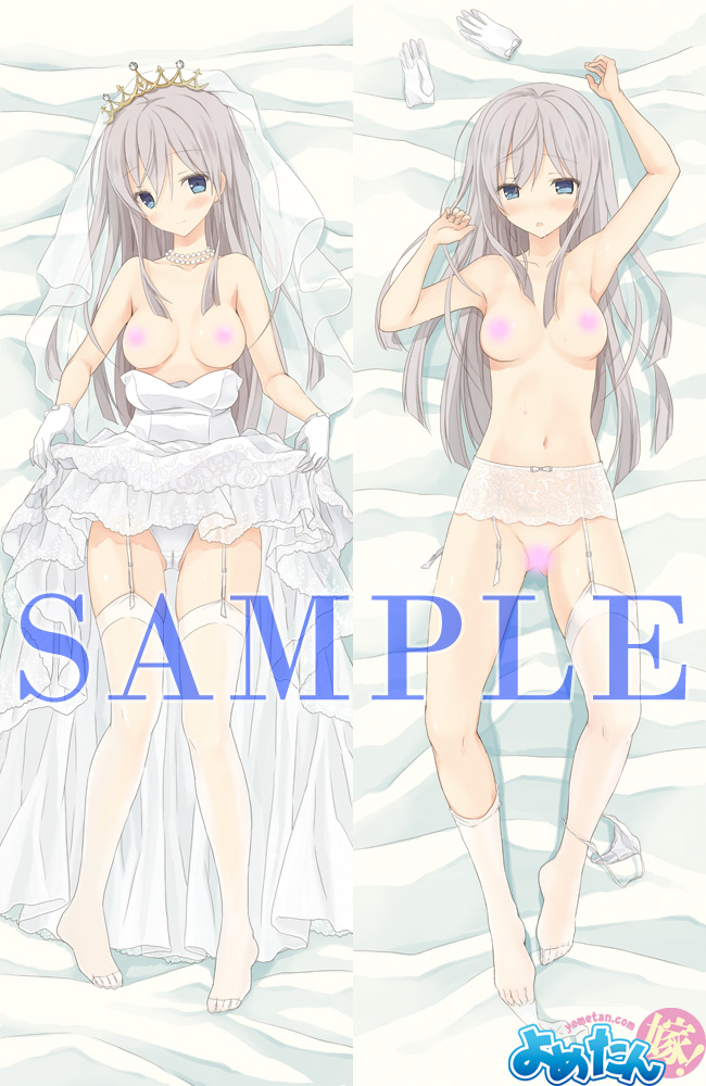 komiya yuuta, original, 1girl, :o, armpits, arms up, bare shoulders, bed sheet, blue eyes, blush, breasts, breasts apart, bridal veil, censored, censored nipples, clothes lift, dakimakura (medium), dress, embarrassed, full body, garter belt, gloves, grey hair, groin, hair between eyes, hair ornament, head tilt, lifting own clothes, long hair, looking at viewer, lying, medium breasts, navel, on back, open clothes, panties, panties around leg, pantyshot, sample watermark, sawatari ranna, skirt, skirt lift, smile, solo, straight hair, thighhighs, tiara, underwear, unworn gloves, veil, watermark, wedding dress, white dress, white gloves, white panties, white thighhighs