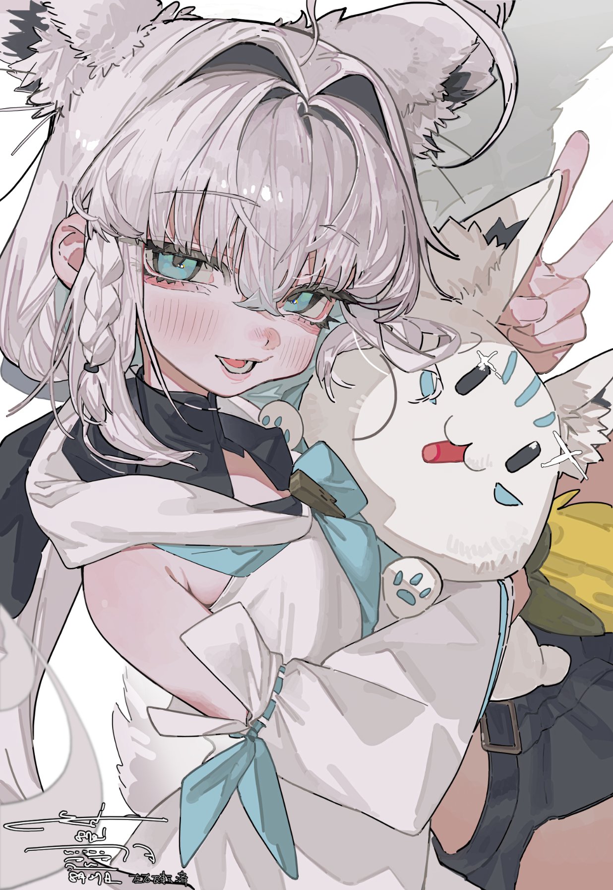 87yanagi, shirakami fubuki, shirakami fubuki (1st costume), hololive, commentary, highres, 1girl, 1other, ahoge, animal, animal ear fluff, animal ears, animal hands, animal hug, aqua eyes, belt, black belt, blue bow, blue neckerchief, bow, braid, detached sleeves, double-parted bangs, fox ears, fox girl, fox tail, hair between eyes, hair intakes, long hair, low ponytail, neckerchief, open mouth, ponytail, side braid, sidelocks, simple background, single braid, sleeveless, tail, v, virtual youtuber, white background, white hair, white sleeves