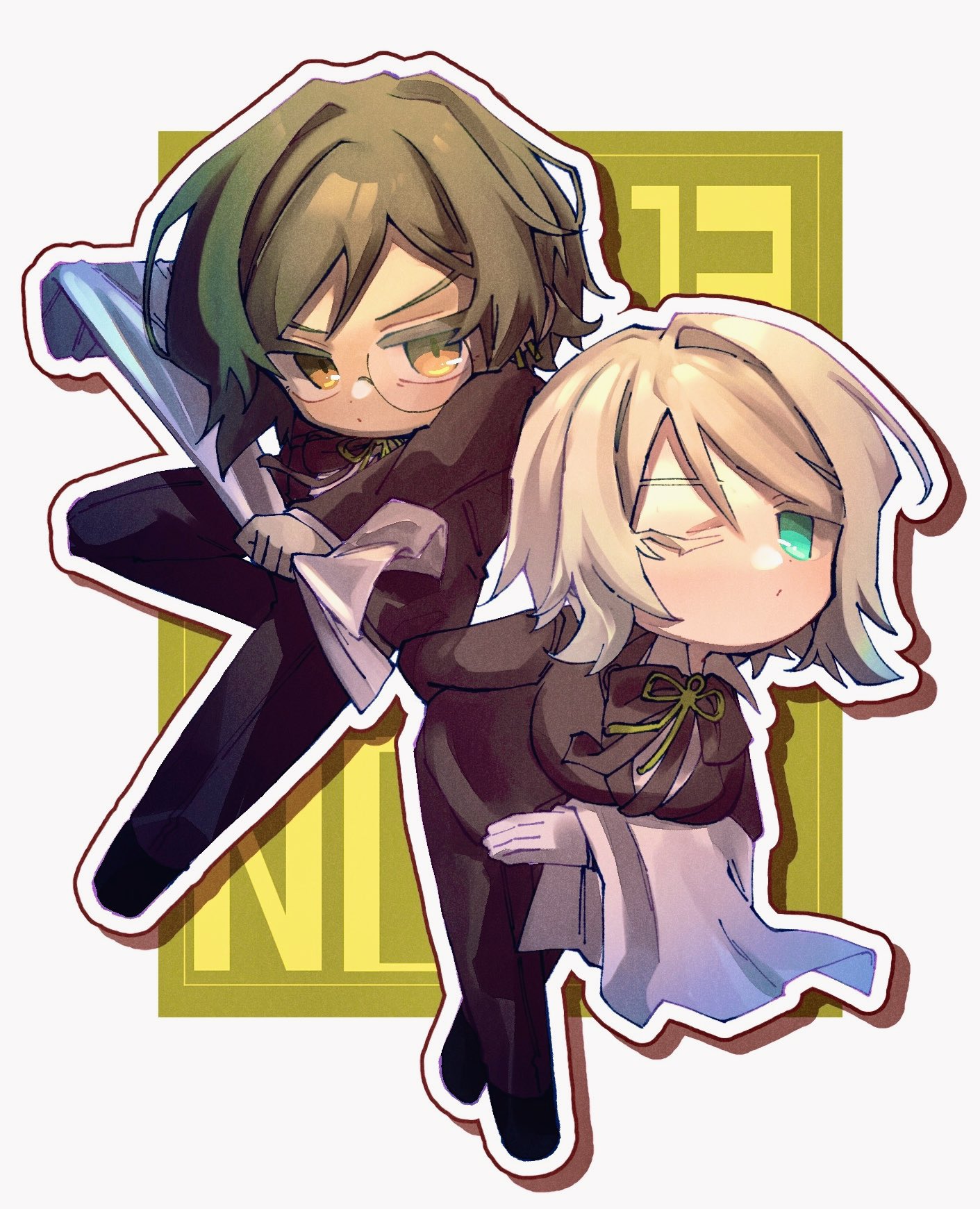 nantekottawo!!, faust (project moon), outis (project moon), limbus company, project moon, highres, 2girls, aqua eyes, black shoes, brown eyes, brown hair, brown jacket, brown pants, butler, crossdressing, crossdressing (ftm), female butler, full body, handkerchief, holding, holding handkerchief, jacket, leaning forward, looking at viewer, monocle, multiple girls, pants, shoes, short hair, white hair, wuthering heights (identity) (project moon)