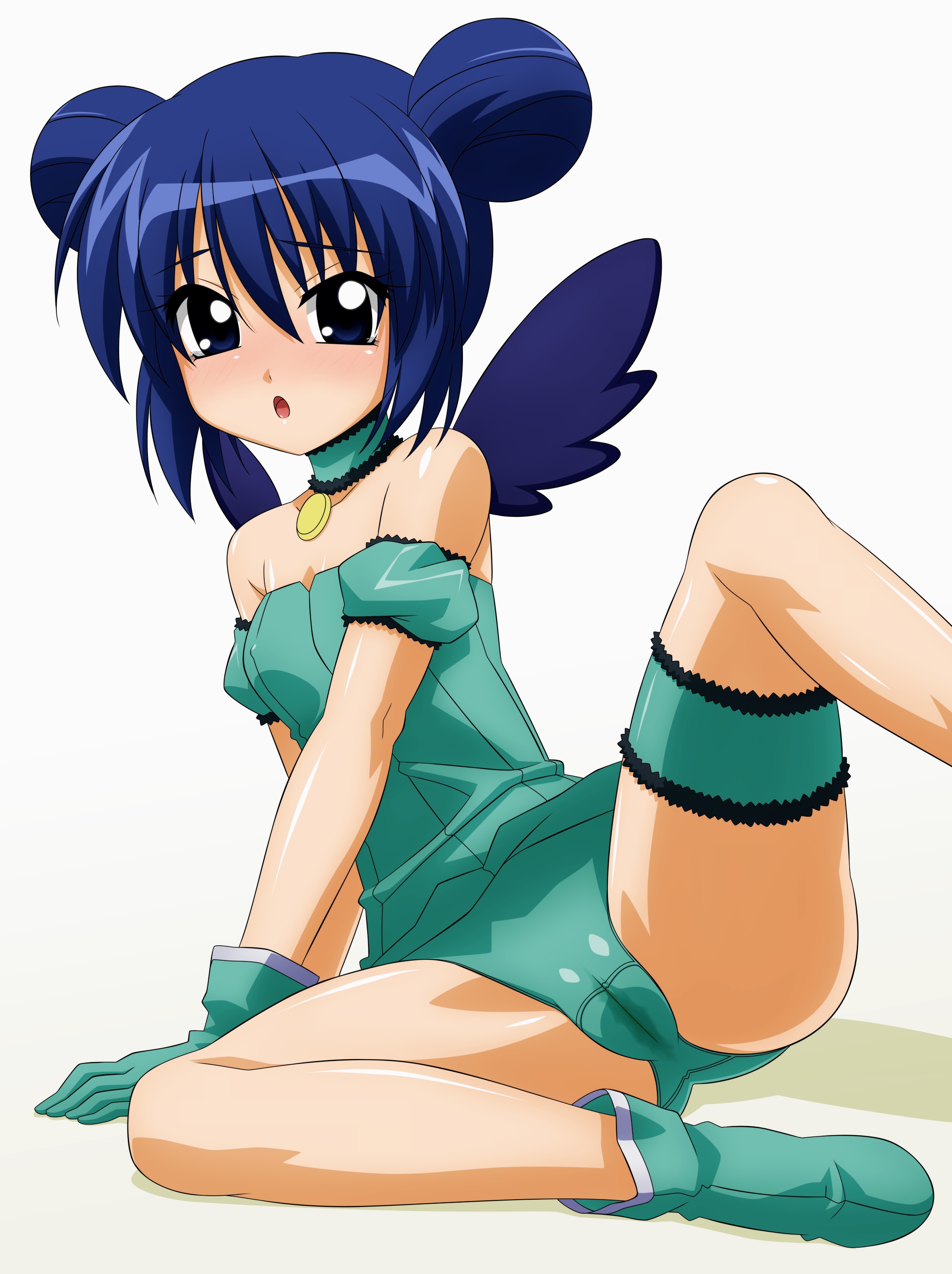 sugimura tomokazu, aizawa mint, mew mint, tokyo mew mew, absurdres, highres, 00s, 1girl, :o, aqua dress, aqua panties, arm garter, bare shoulders, bird wings, blue eyes, blue hair, blush, boots, cameltoe, choker, covered erect nipples, double bun, female focus, frilled thigh strap, gloves, hair bun, jewelry, leg lift, leotard, magical girl, matching hair/eyes, open mouth, panties, pendant, pussy juice stain, simple background, sitting, solo, spread legs, tears, thigh strap, underwear, wet, wet clothes, wet panties, white background, wings
