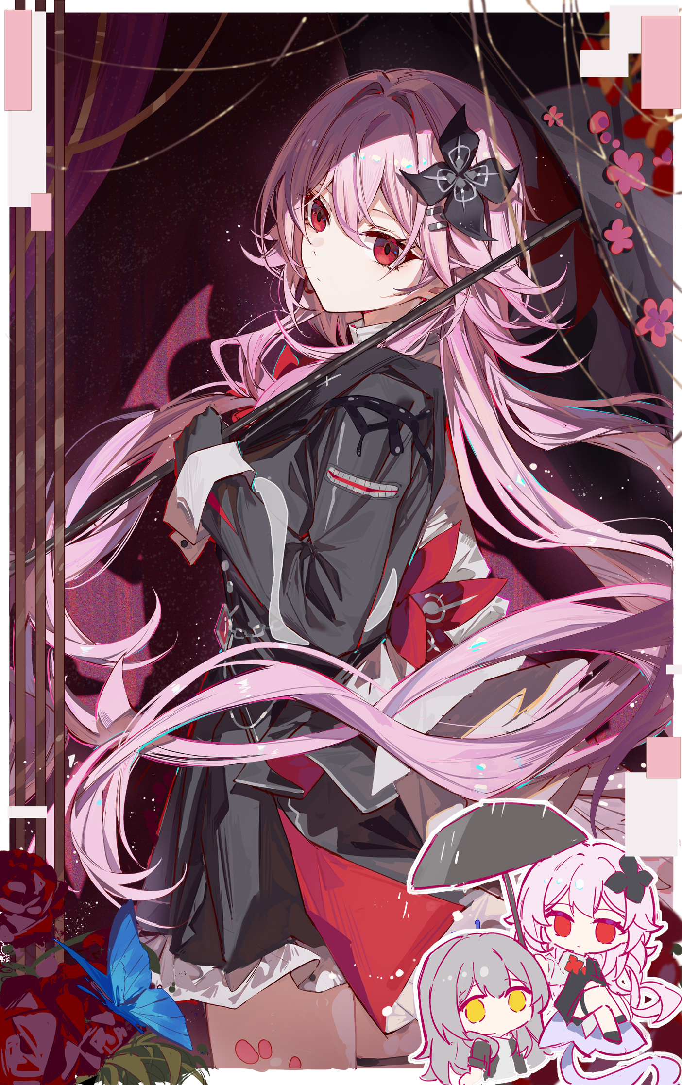 yajuu, evernight (honkai: star rail), march 7th (honkai: star rail), stelle (honkai: star rail), trailblazer (honkai: star rail), honkai: star rail, honkai (series), highres, 2girls, black dress, black gloves, blue butterfly, bug, butterfly, chibi, dress, flower, flower ornament, gloves, grey hair, hair between eyes, hair ornament, holding, holding umbrella, insect, long hair, looking at viewer, multiple girls, official alternate costume, official alternate eye color, official alternate hair length, official alternate hairstyle, pink hair, red eyes, red flower, red rose, rose, solo focus, umbrella, very long hair, yellow eyes