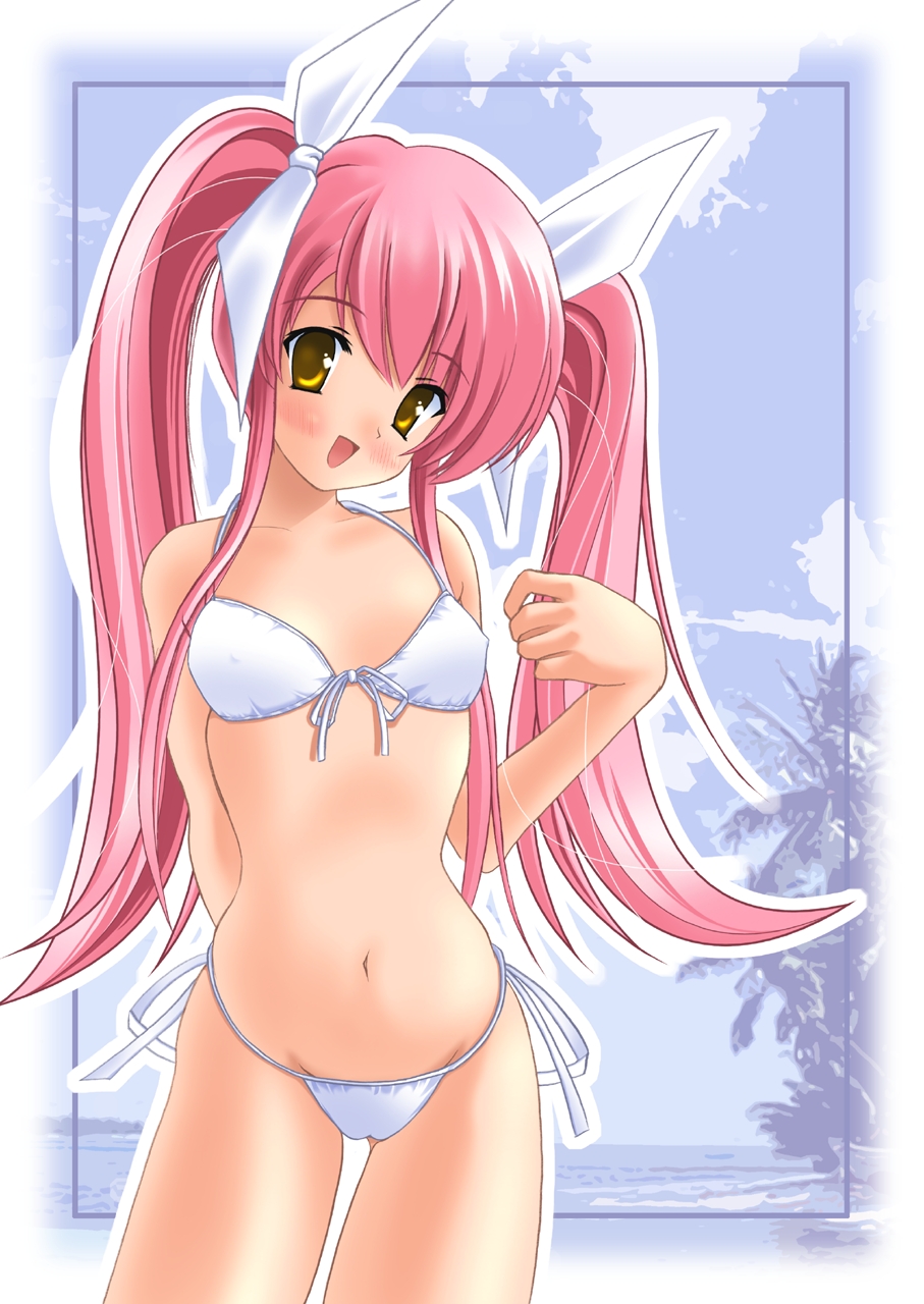 highres, bikini, blush, loli, long hair, open mouth, pink hair, side-tie bikini bottom, swimsuit, twintails, yellow eyes