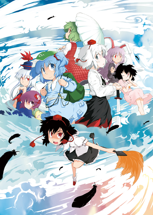 golden pe done, hieda no akyuu, inaba tewi, inubashiri momiji, kamishirasawa keine, kawashiro nitori, kazami yuuka, reisen udongein inaba, shameimaru aya, perfect memento in strict sense, touhou, 6+girls, animal ears, ascot, backpack, bag, black feathers, feathers, female focus, flower, hair flower, hair ornament, hand fan, hat, heida no akyuu, multiple girls, parasol, plaid clothes, plaid skirt, plaid vest, rabbit ears, short hair, skirt, skirt set, sword, tokin hat, two side up, umbrella, vest, weapon, wind