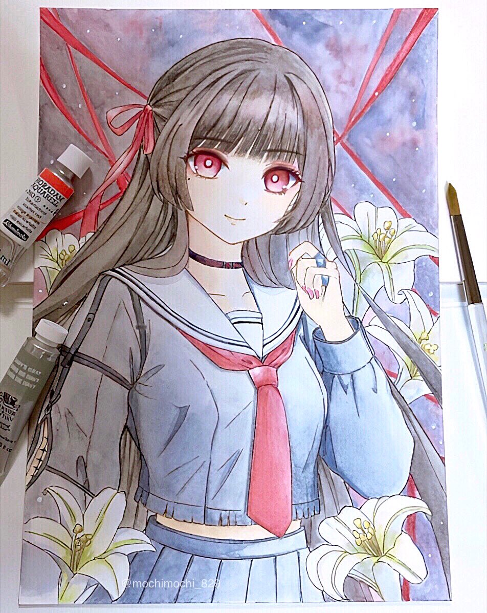mochimochi 829, chisa (wuthering waves), wuthering waves, photo (medium), traditional media, 1girl, arm cutout, art tools in frame, black choker, black hair, blue shirt, blue skirt, choker, clothing cutout, flower, hair ribbon, long hair, long sleeves, looking at viewer, mole, mole under eye, necktie, red eyes, red necktie, red ribbon, ribbon, sailor collar, school uniform, serafuku, shirt, skirt, smile, solo, string, string of fate, tacet mark (wuthering waves), white flower, white sailor collar