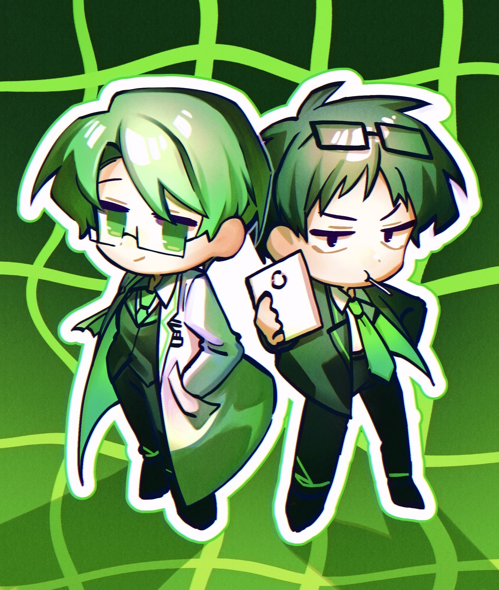 nantekottawo!!, samjo (project moon), limbus company, project moon, highres, 2boys, black hair, black jacket, black pants, black shoes, clipboard, coat, collared shirt, dongrang (project moon), eyewear on head, full body, glasses, green eyes, green hair, green theme, hands in pockets, holding, holding clipboard, jacket, lab coat, lapels, looking at viewer, multiple boys, notched lapels, pants, shirt, shoes, white coat, white shirt