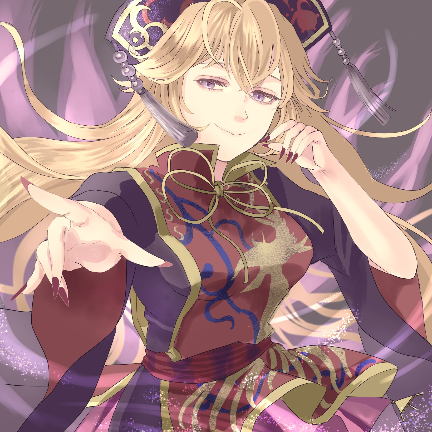 junko (touhou), touhou, commentary request, highres, 1girl, alternate eye color, beads, belt, black dress, black hat, blonde hair, breasts, chinese clothes, closed mouth, crescent, crescent print, crossed bangs, dalachi (headdress), dress, energy, fingernails, floating hair, grey background, hair between eyes, hands up, hat, long fingernails, long hair, long sleeves, looking at viewer, mandarin collar, medium breasts, miya168572, nail polish, neck ribbon, phoenix print, purple eyes, red belt, red nails, red tabard, ribbon, simple background, smile, solo, tabard, tassel, upper body, wide sleeves, yellow ribbon