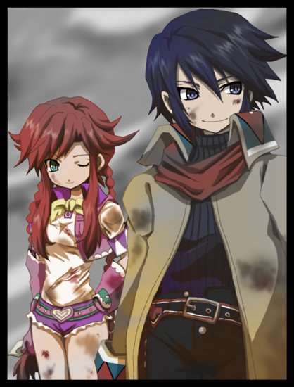 kirita (noraring), kiritanman, dean stark, rebecca streisand, wild arms, wild arms 5, bad id, bad pixiv id, 1boy, 1girl, blood, blue shorts, gloves, grey background, injury, one eye closed, pink gloves, shorts, taut clothes, torn clothes, wink