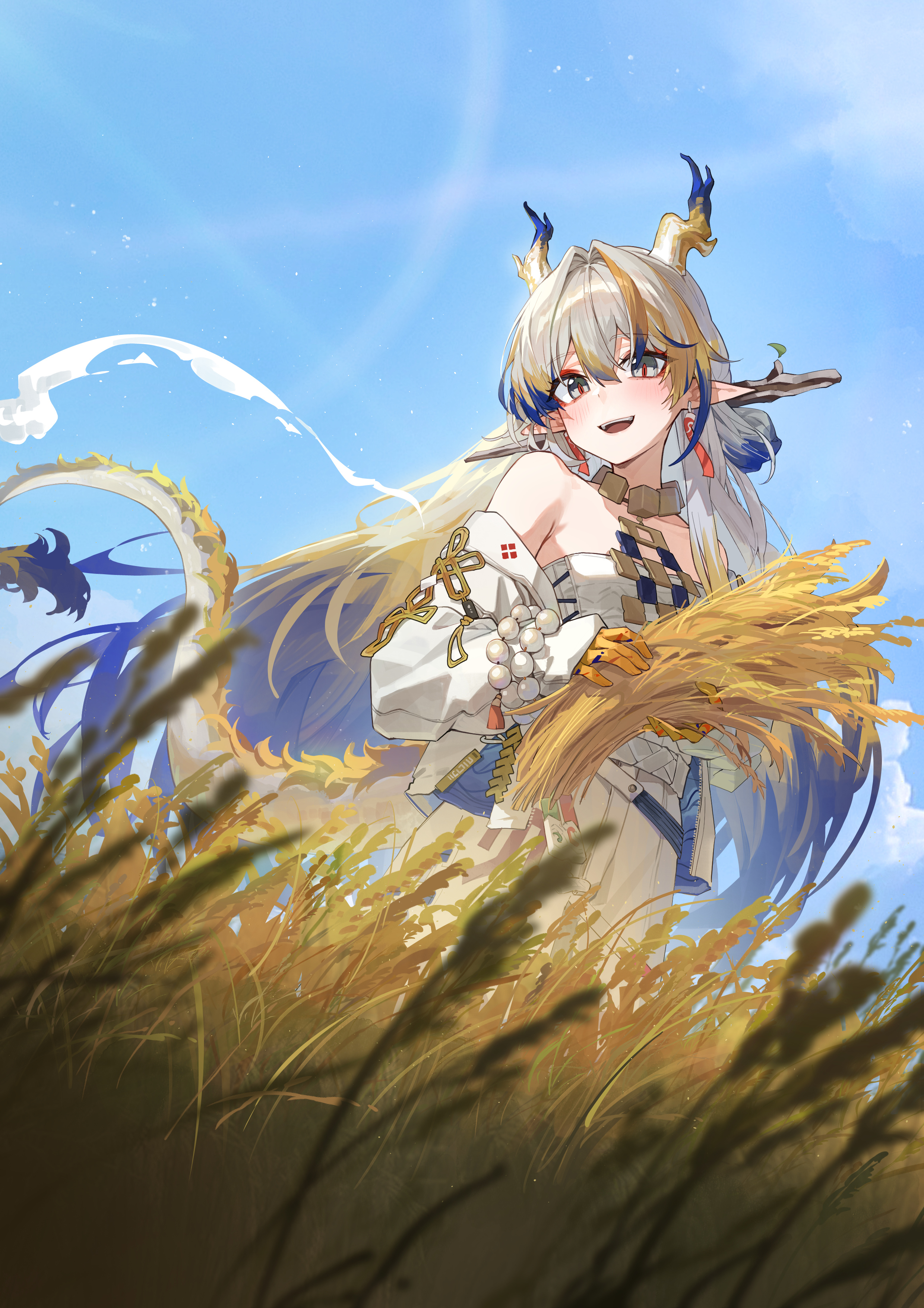 kokukyukeo, shu (arknights), arknights, absurdres, commentary, highres, symbol-only commentary, 1girl, :d, armpit crease, bare shoulders, beads, blonde hair, blue hair, blush, colored extremities, day, dragon girl, dragon horns, dragon tail, earrings, farm, fingernails, grey eyes, grey hair, hair between eyes, hair intakes, holding, holding plant, horns, jacket, jewelry, lens flare, light particles, long hair, long sleeves, multicolored hair, necklace, off shoulder, open mouth, outdoors, plant, pointy ears, smile, solo, standing, strapless, sunlight, tail, tube top, very long hair, wheat, wheat field, white jacket, white tube top, wind