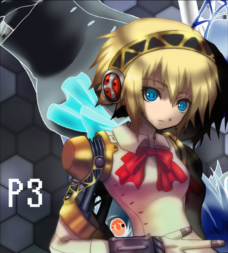 kirita (noraring), kiritanman, aigis (persona), atlus, persona, persona 3, bad id, bad pixiv id, lowres, 1girl, android, blonde hair, blue eyes, bow, copyright name, female focus, ribbon, solo