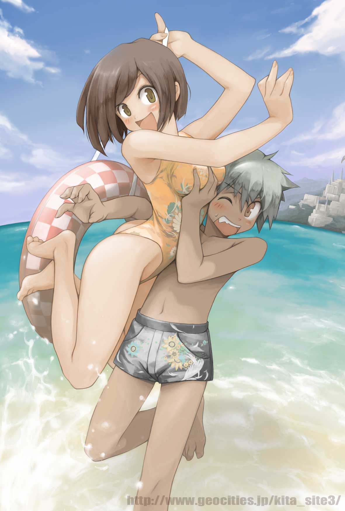 kitajima, highres, 1boy, 1girl, :d, barefoot, breasts, casual one-piece swimsuit, couple, floral print, grabbing another's breast, groping, hetero, innertube, one-piece swimsuit, open mouth, smile, swim ring, swimsuit